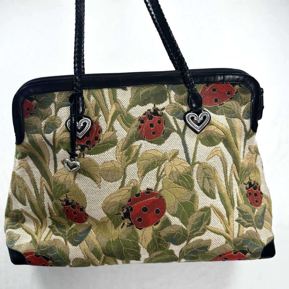 Brighton Alyssa Ladybug Tapestry Leather Satchel Weekender Bag Tote Large Travel